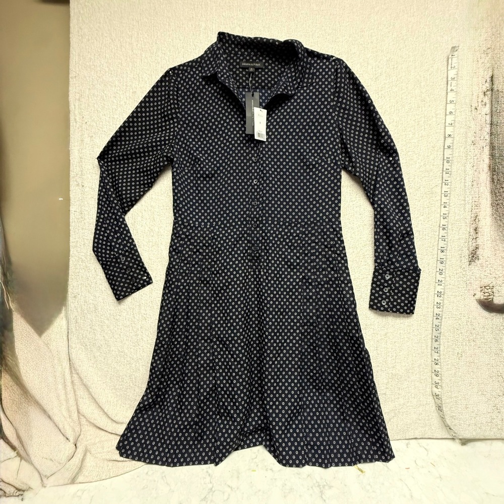 Banana Republic Navy Floral Button Front Long Sleeve Pleated Shirt Dress Size 8